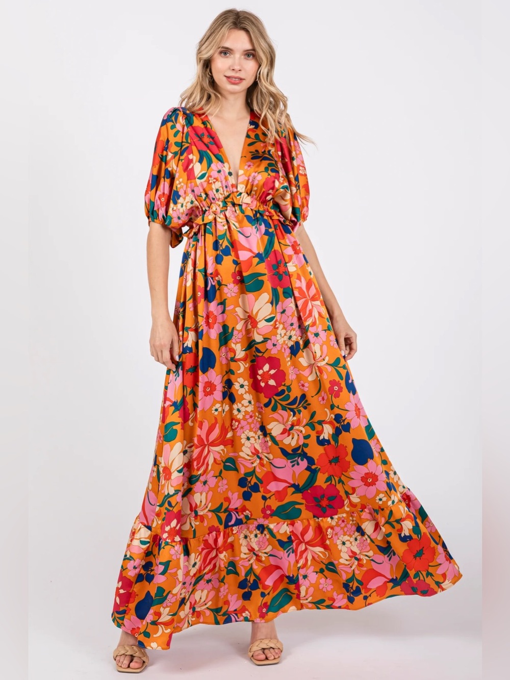 Orange Floral V-Neck Maxi Dress Plus size 2X